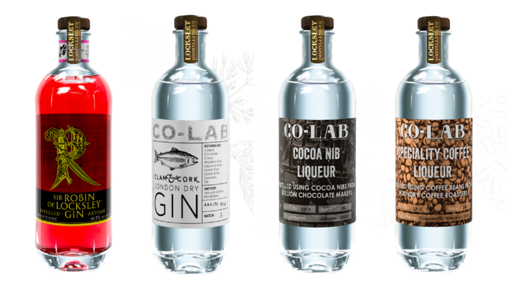 左から：（6）Raspberry & Cardamom Sir Robin of Locksley Gin　（7）Clam & Cork Co-Lab Gin　（8）Cocoa Nib Liqueur (9) Speciality coffee Liqueur　
